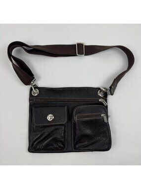 Roots 73 Villager Pebbled Leather Crossbody Bag Satchel Dark Brown Silver